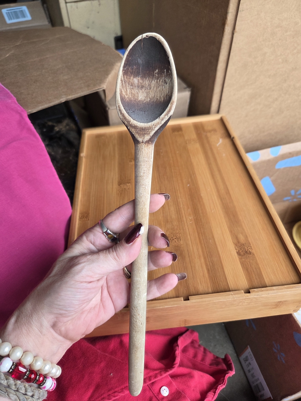 Natural Wood Cooking Spoon - Light Brown Vintage Old